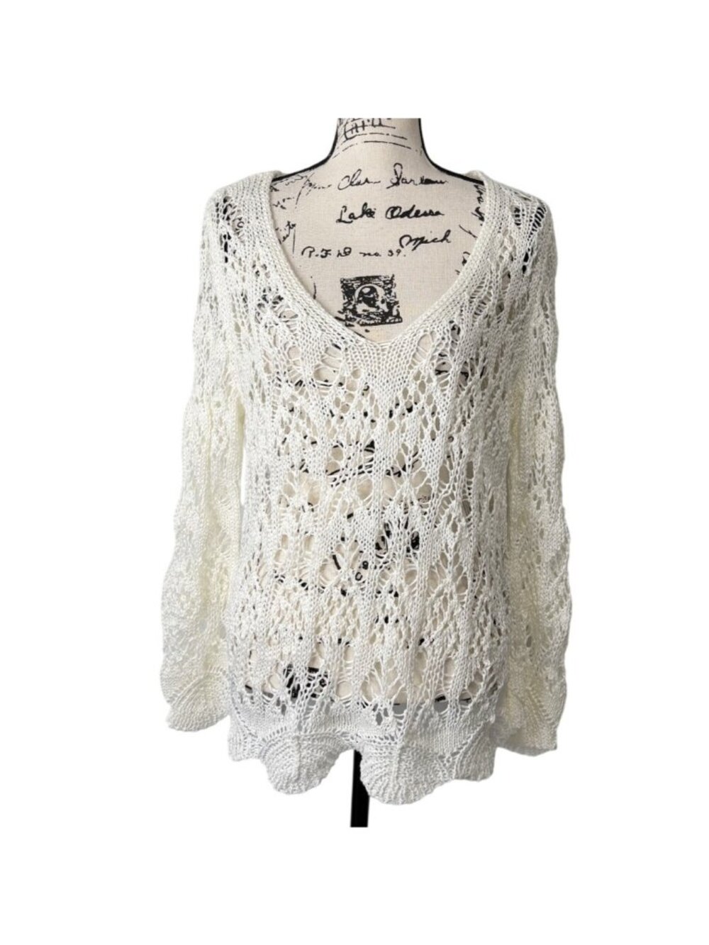 John P Greece Womens Size M Crochet Knit White Sweater Scoop-Neck Pullover Boho